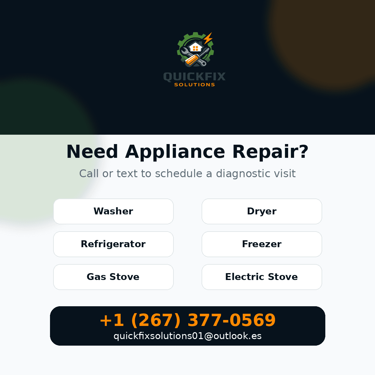 QuickFix Solutions — call or text +1 (267) 377-0569 to schedule a diagnostic visit